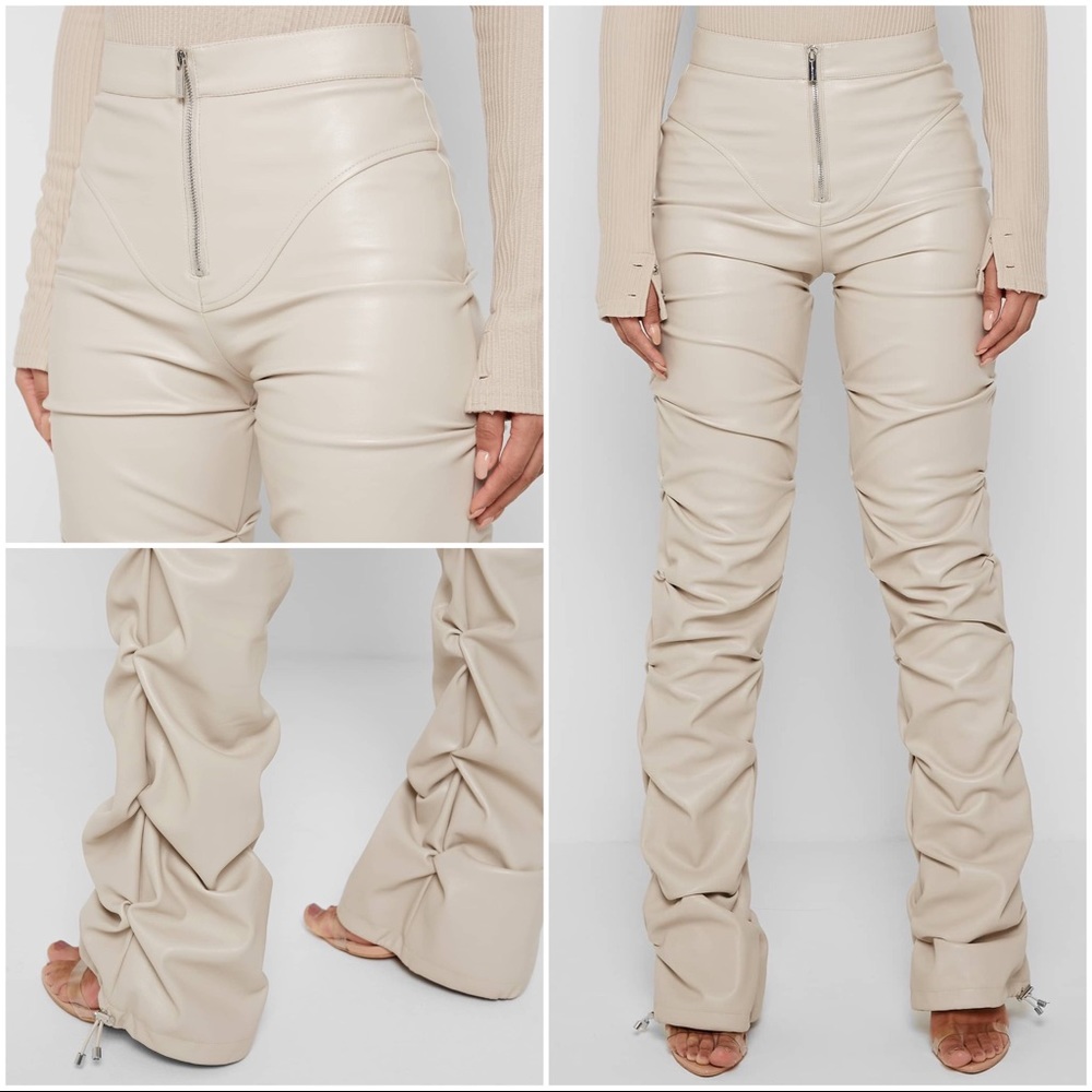 [SOLD] - Maniere De Voir Tacked Vegan Leather Pants Beige US 4 // UK 8